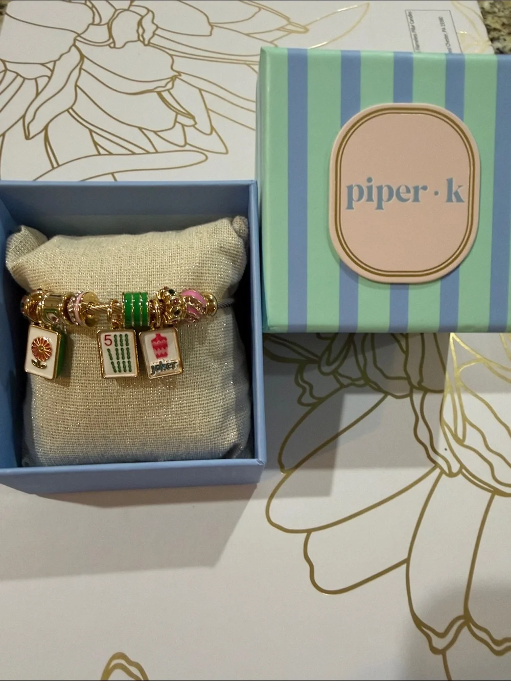 NEW Piper K Mahjong Hand Painted Bangle Bracelet Glass Stones Game Tiles White